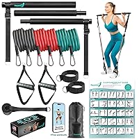 Pilates Bar Kit with Resistance Bands - Home Gym Equipment - Workout Equipment for Women and Men - Pilates Equipment with 6 Adjustable Resistance Bands-Video Workouts (Stretched, Black 6 Bands)