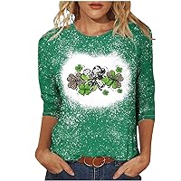 3/4 Sleeve Tshirt for Women Lucky St Patricks Day Tees Shirt Leopard Shamrock Irish Plus Size Tops Casual Graphic Tshirts