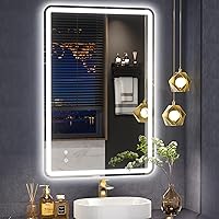 24x32inch Rounded Corner Rectangle Frameless LED-Bathroom-Mirror, 3 Colors Lighted & Stepless Dimmable Vanity-Mirror-with-Lights, Anti-Fog, Horizontal/Vertical Hanging Wall Mirror