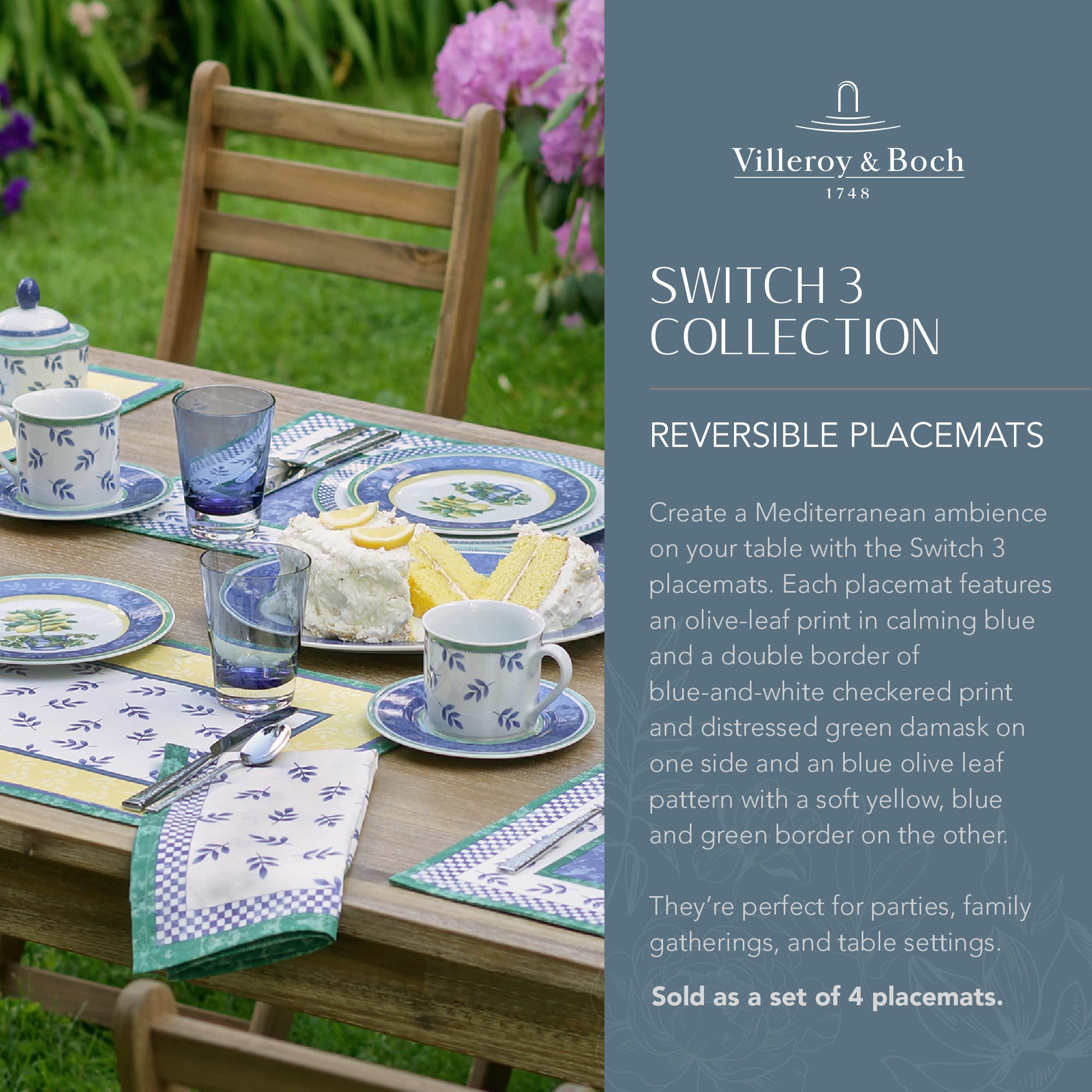 Villeroy and Boch Switch 3 Reversible Cotton Bordered Placemats, 14 Inches by 20 Inches, Set of 4