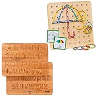 Panda Brothers Set of 2 Toys: Wooden Geoboard & Wooden Alphabet Tracing Board. Montessori Toys for Kids, Wooden Toys, Sensory Toys for 3 4 5 Year Old, Busy Board, Preschool Classroom STEM Toys