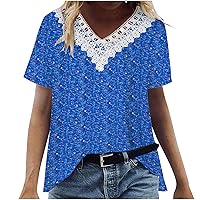 Women Lace Hollow Out V Neck Bohemian Casual T-Shirts Summer Short Sleeve Loose Fit Fashion Comfy Tunic Tee Tops