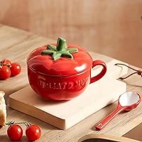 Ceramic Water Cup with Lid & Spoon 10.14oz Cute Big Belly Mug for Milk Coffee Pudding Yogurt In Microwave Gift For Mother's Day Birthday Christmas(Red)