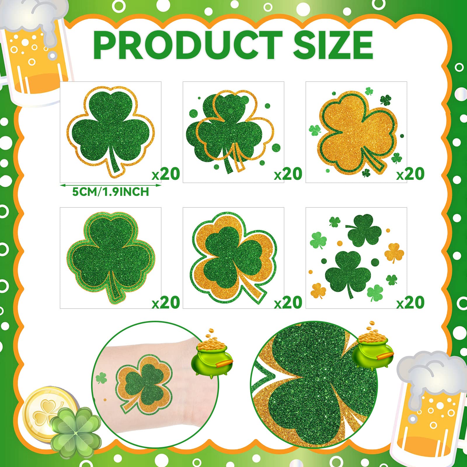 120 Pieces Glitter Shamrock Tattoo Stickers St. Patrick's Day Clover Temporary Tattoos St Patricks Day Stickers Shamrock Sticker Irish St Patricks Day Decor Party Favors for Men Women