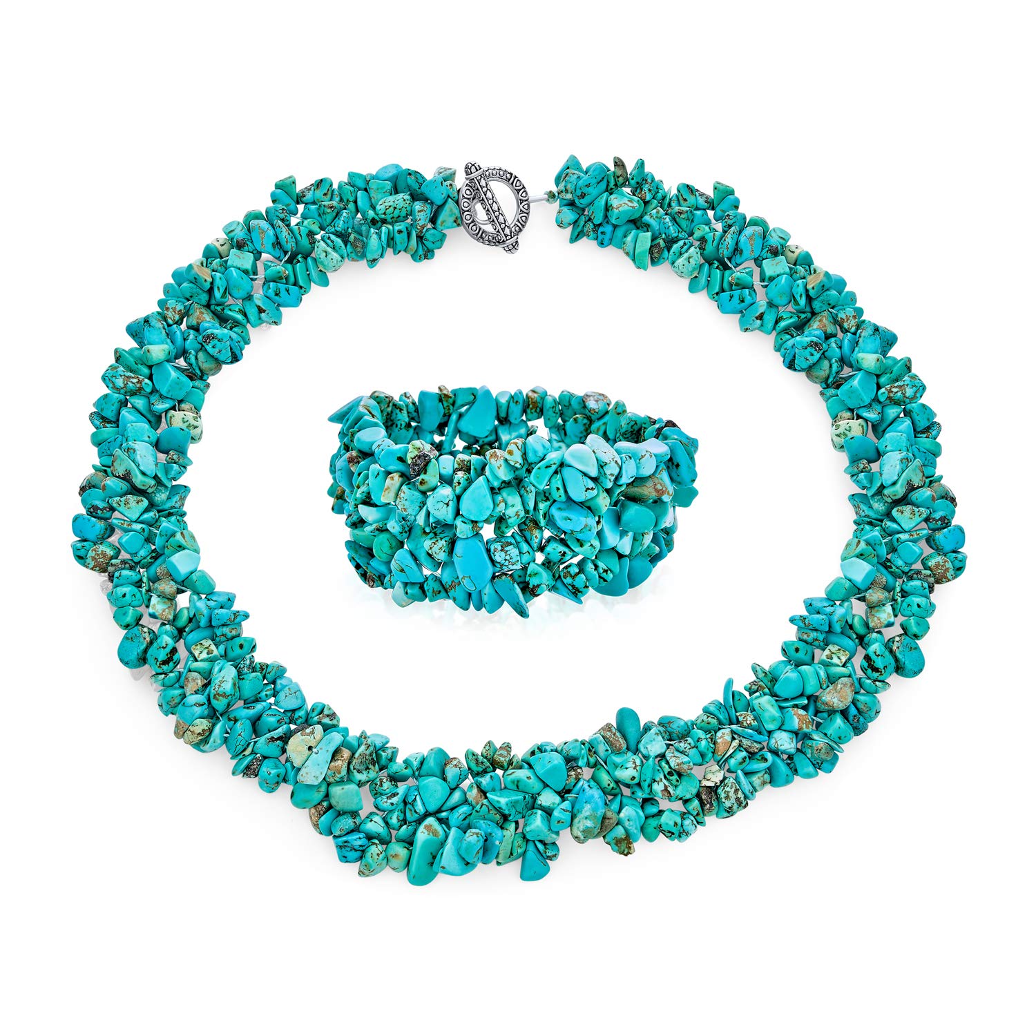 Large Wide Color Gemstone Chips Cluster Multi Strand Statement Bib Collar Necklace Stretch Bracelet Bangle Cuff Jewelry Set For Women