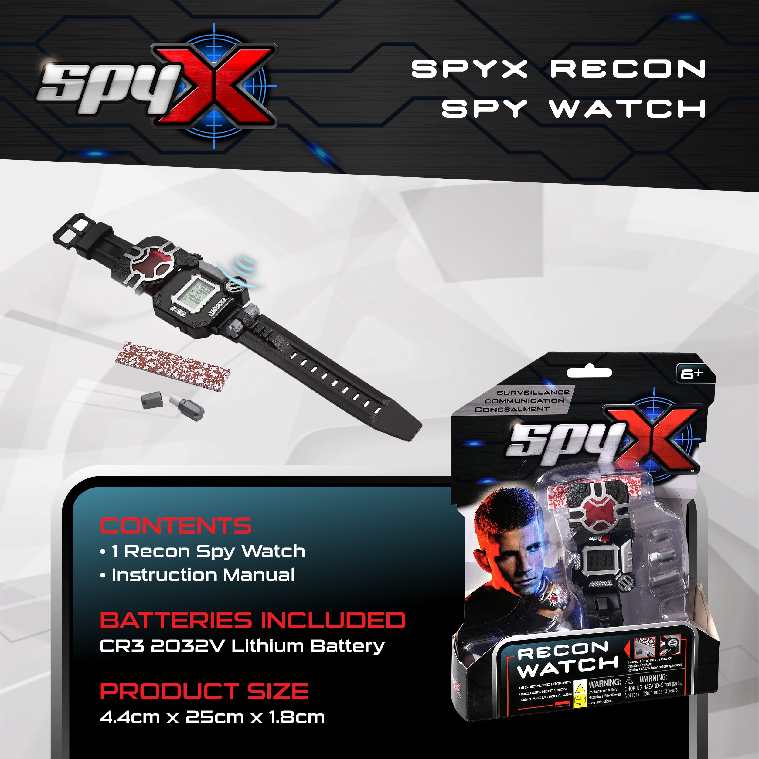 SpyX / Spy Recon Watch. 8-Function Spy Toy Watch: Led Spot Light, Stopwatch, Alarm, Decoder, Secret Message Paper & Capsules, and Motion Alarm. Perfect Addition for Your spy Gear Collection!