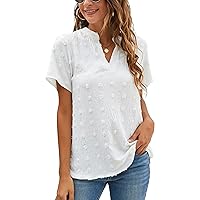 Blooming Jelly Womens White Chiffon Blouses Short Sleeve V Neck Shirts Summer Casual Polka Dot Tops