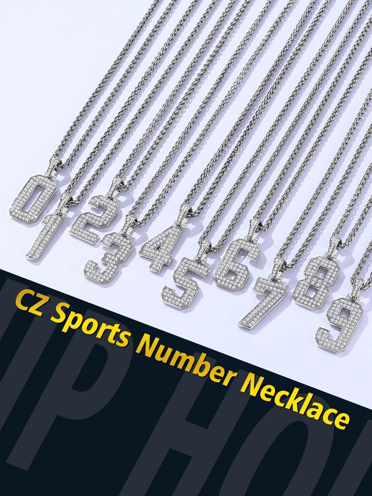 FindChic Bling Number Necklace for Men Hip Hop Cubic Zirconia 18K Gold Plated Custom Name/2 Row Big Pendant Personalized Jewelry for Rapper, Tennis Chain/Wheat Chain 18'' to 30'' Length, with Gift Box