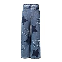 TiaoBug Kids Girls Frayed Star Straight Wide Leg Jeans Washed Relaxed Fit Denim Pants Casual Distressed Denim Trousers