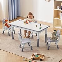 Kids Study Table and Chairs Set, Height Adjustable Toddler Table and Chair Set for Kids Ages 3-8, Graffiti Desktop (Grey)