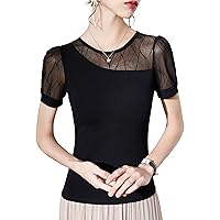 Casual Cotton Top for Women, Fashion Sexy Crewneck Semi Sheer Short Sleeve Blouses Ladies Daily Elegant Work Shirts