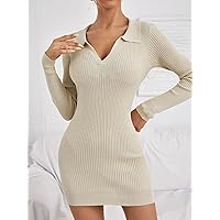 Sweater Dress for Women -Collar Ribbed-Knit Sweater Dress (Color : Beige, Size : Large)