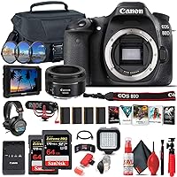 Canon EOS 80D DSLR Camera (Body Only) (1263C004) + 4K Monitor + Canon EF 50mm Lens + Pro Mic + Pro Headphones + 2 x 64GB Card + Case + Filter Kit + Corel Photo Software + More (Renewed)