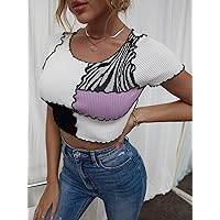 Women's Tops Shirts for Women Sexy Tops for Women Colorblock Contrast Binding Knit Top Tops (Color : Multicolor, Size : Medium)