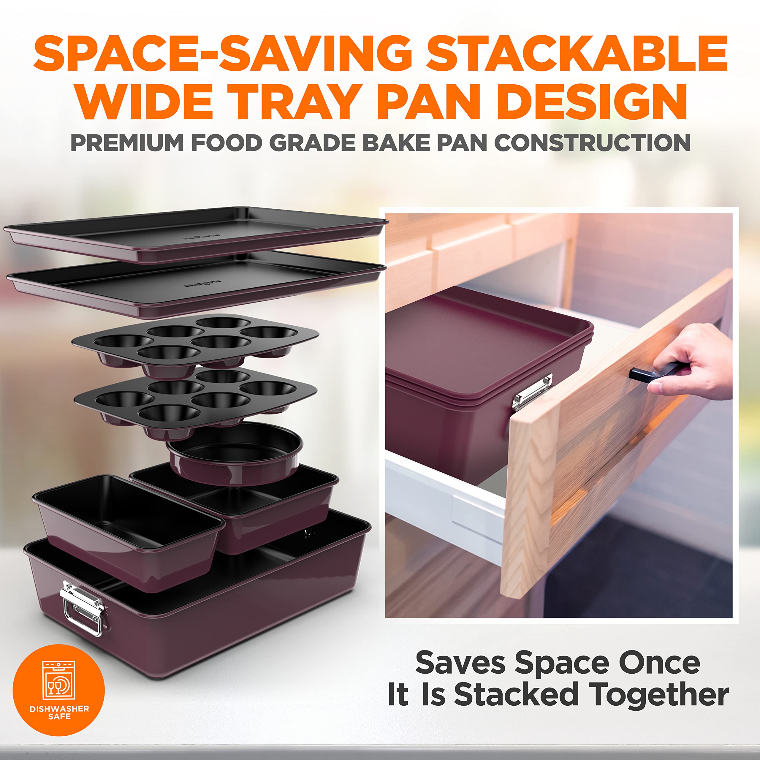 NutriChef 8-Piece Nonstick Stackable Bakeware Set - PFOA, PFOS, PTFE Free Baking Tray Set w/Non-Stick Coating, 450°F Oven Safe, Round Cake, Loaf, Muffin, Wide/Square Pans, Cookie Sheet (Plum)