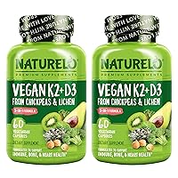 NATURELO Vegan K2+D3 - Plant Based D3 from Lichen - Natural D3 Supplement for Immune System, Bone Support, Joint Health - Whole Food - Vegan - Non-GMO - Gluten Free (60 Count (2 Pack))