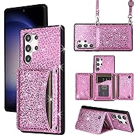 Wallet Case for Samsung Galaxy S23 Ultra 5G with Shoulder Strap, 6 Card Slots Slim Flip Purse, Credit Card Holder Stand Full Body Cell Phone Cover for S23Ultra 23S S 23 23Ultra 6.8 inch Pink