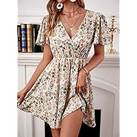 TLULY Dress for Women Butterfly & Floral Print Butterfly Sleeve -line Dress (Color : Multicolor, Size : X-Small)