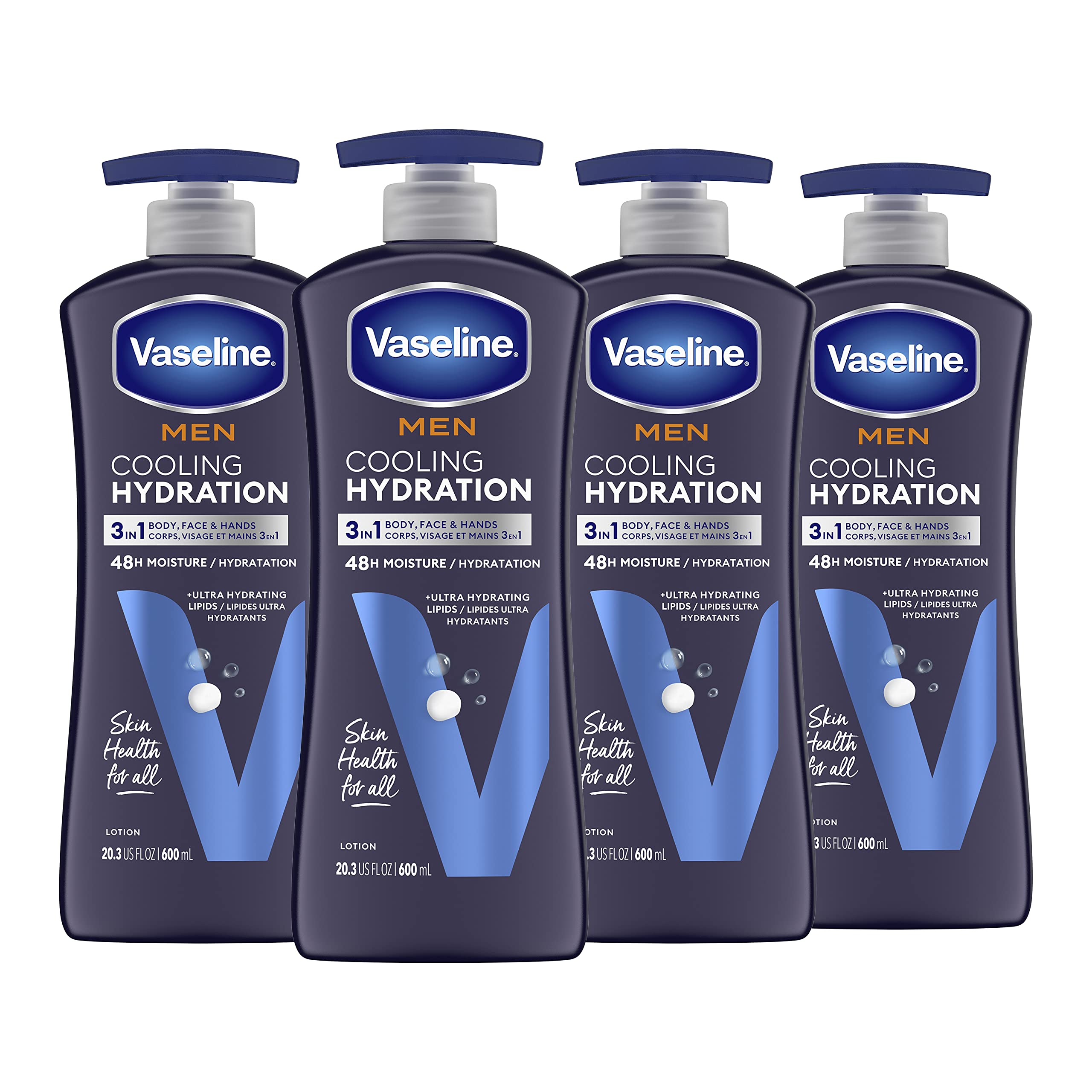 Vaseline Men Cooling Hydration 3-in-1 Face, Hands & Body Lotion for Men for Dry Skin with Menthol & Ultra-Hydrating Lipids 20.3 oz, Pack of 4