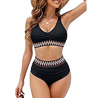 Blooming Jelly Women High Waisted Bikini Sets V Neck Tummy Control Swimsuits Color Block Two Piece Bathing Suit