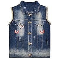 Peacolate Little Big Girl Outfit Distressed Sleeveless Jacket Embroidered Sequins Butterfly Denim Vest