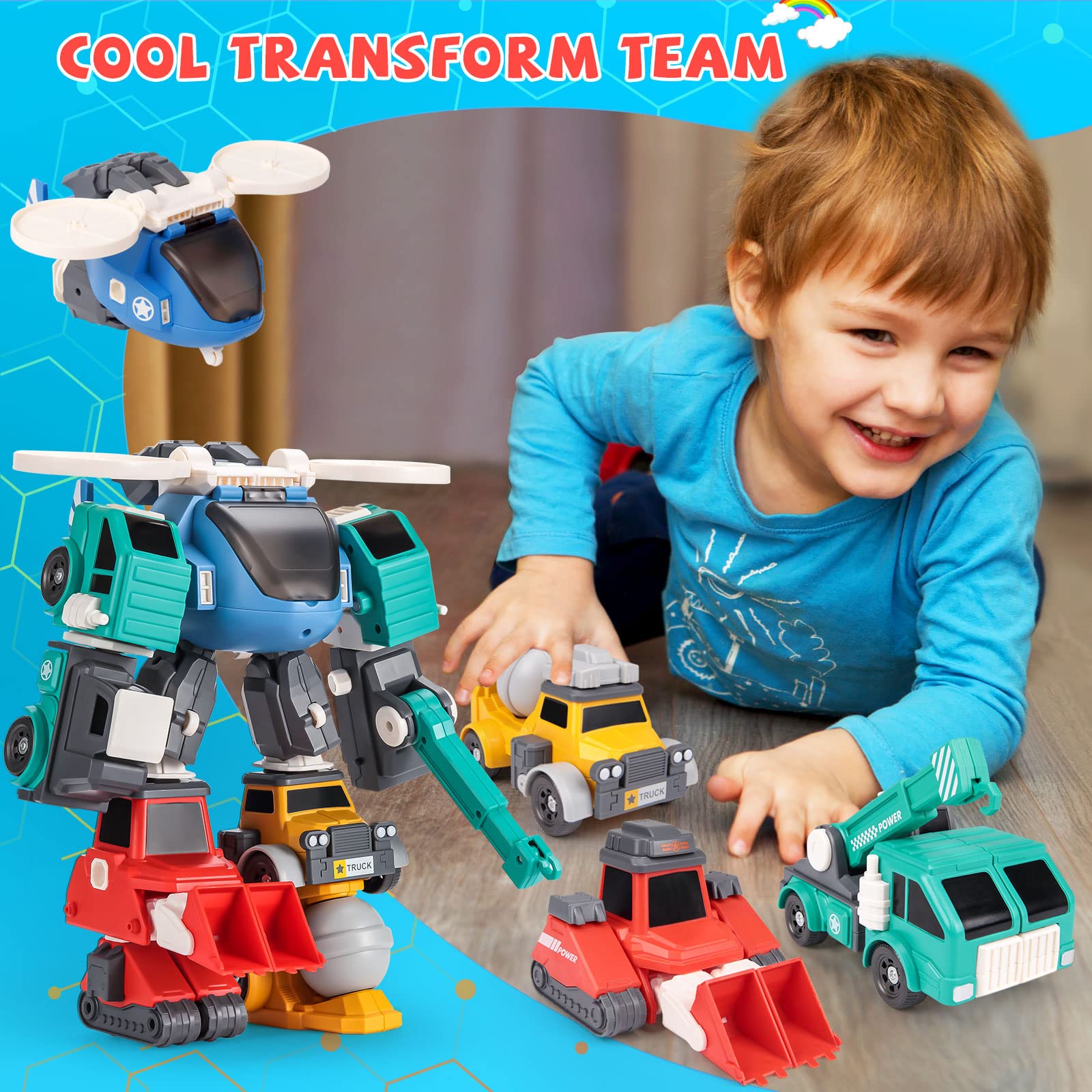 Perbyste Toys for 3 4 5 6 7 8 Year Old, Transform Robot Kids Toy Vehicles | STEM Building Toys for Ages 3-6, 4 in 1 Construction Trucks Christmas Birthday Gifts for Boy Girls