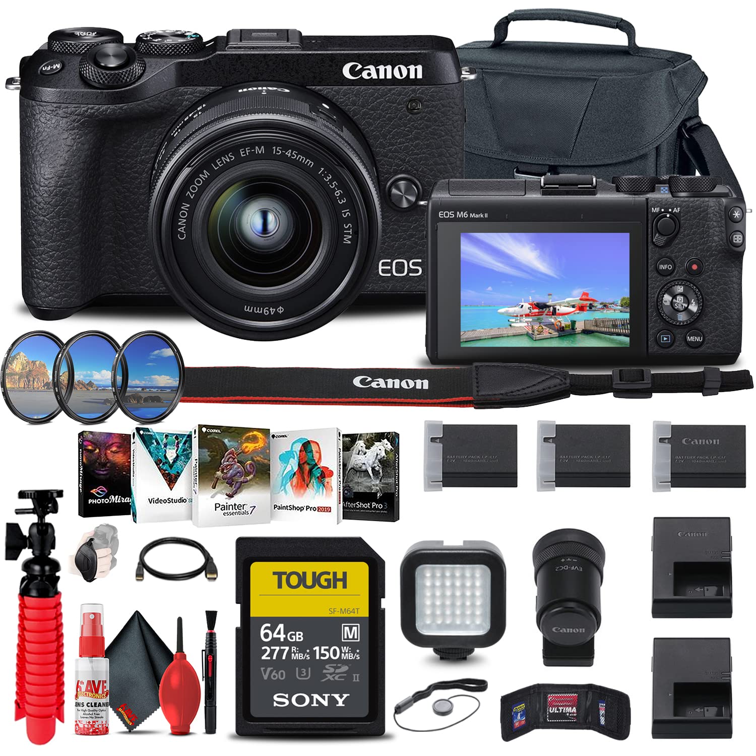 Canon EOS M6 Mark II Mirrorless Digital Camera with 15-45mm Lens and EVF-DC2 Viewfinder (Black) (3611C011) + 64GB Tough Card + Case + Filter Kit + ...
