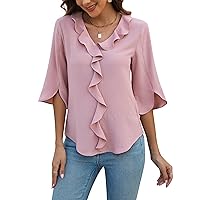 Blooming Jelly Womens Dressy Casual Blouses 3/4 Sleeve V Neck Ruffle Tops Business Ladies Summer 2024 Trendy Work Shirt