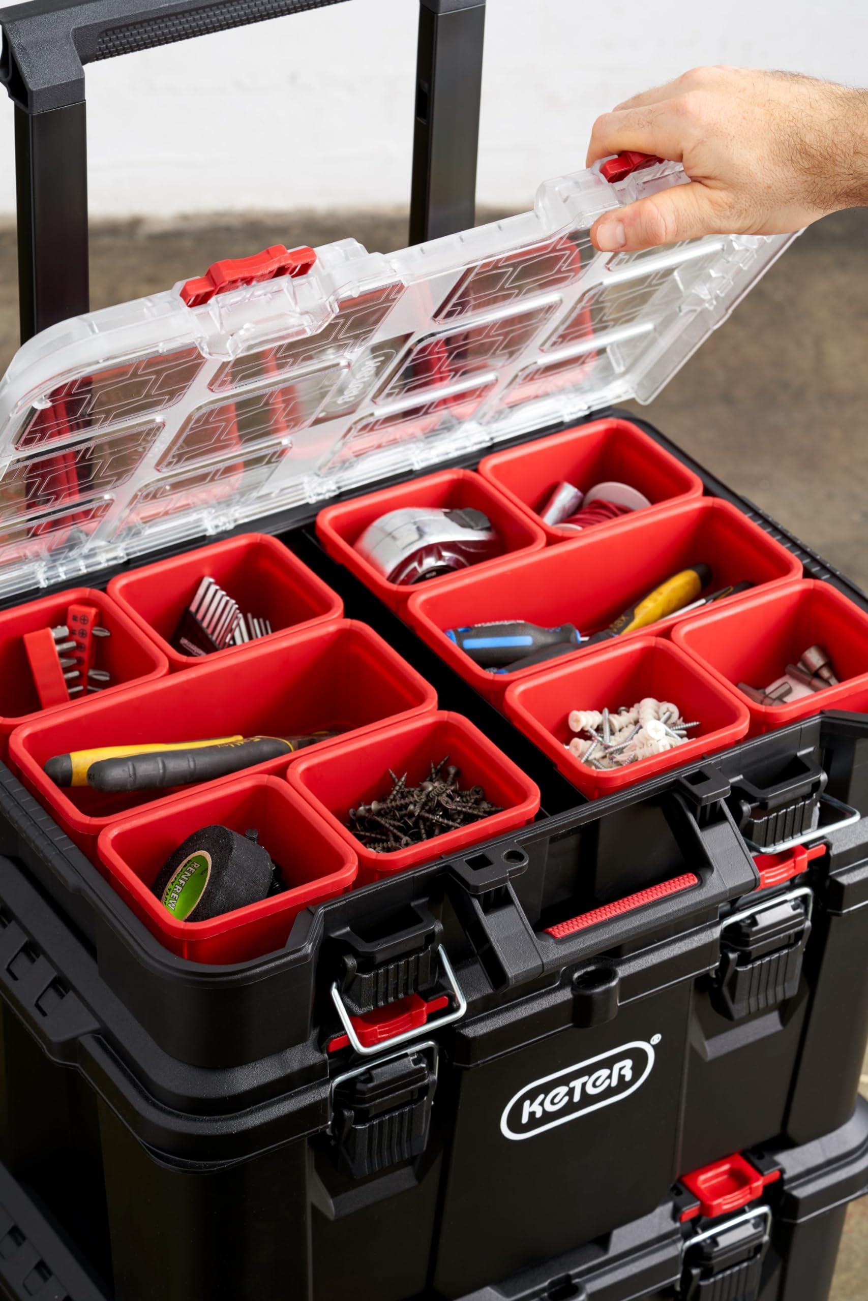 Keter Stack-n-Roll Mobile Tool Storage and Organization, 3 Piece Resin Modular Toolbox System