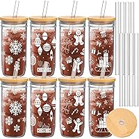 8 Pcs Christmas Mason Jar Cups with Lids and Straws Xmas Tumbler Drinking Glasses Home Decorations Gifts for Women Kids Men(24 oz, 8 Styles)