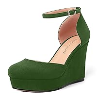 Womens Suede Solid Cute Round Toe Party Platform Ankle Strap Buckle Wedge High Heel Pumps Shoes 4 Inch