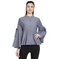 LOVESTONE Women's Bell Sleeves Band Mandarin Collar Top with Front Buttons Opening Cotton Blue Blouse for Women