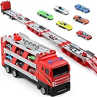 Toy Trucks with 64-Inch Ejection Race Track, Catapulting Racing Track with 6 Cars, Kid’s Cool Folding Truck Toy, Cars Storage and Transporter Toy Truck for 4 5 6 7 8 9 Years Old Boys and Girls
