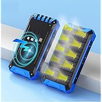 Solar Charger Solar Power Bank Wireless Charger Portable External Battery Backup Real Rated 10000 mAh 4 USB Built-in Cables LED Flashlights and Carabiner for iPhone Android Waterproof (Black/Blue)