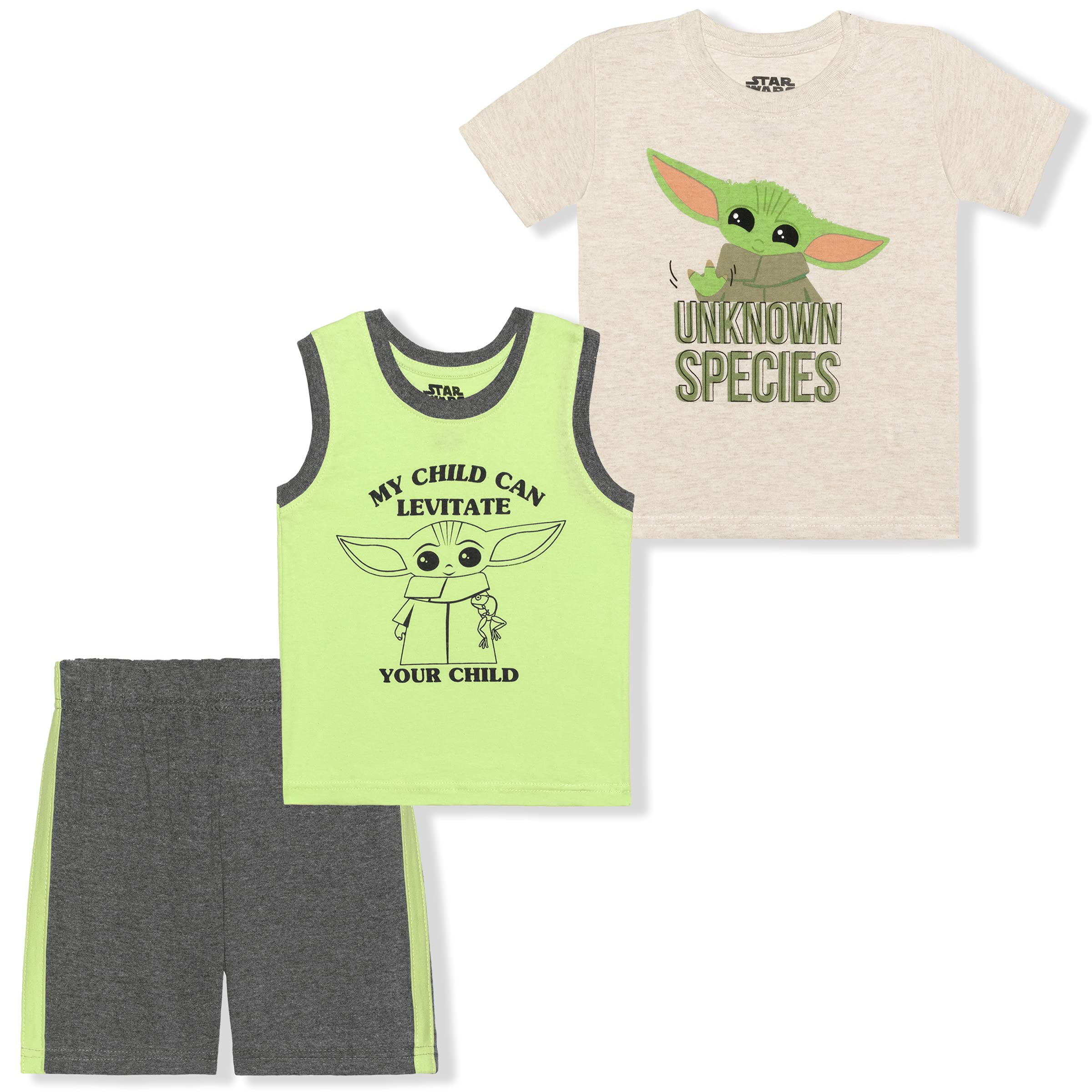 STAR WARS Baby Yoda Boys’ T-Shirt, Tank Top and Short Set for Toddler and Little Kids – Beige/Green/Grey