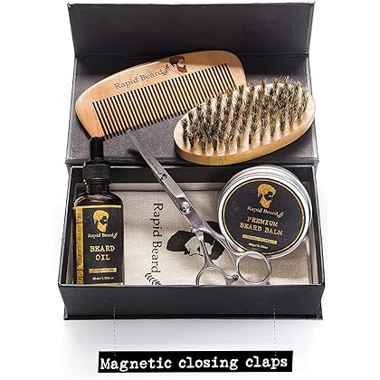 Beard Grooming & Trimming Kit for Men Care - Beard Brush, Beard Comb, Unscented Beard Oil Leave in Conditioner, Mustache & Beard Balm Butter Wax Growth, Styling Scissors - Stocking Stuffers Gift set