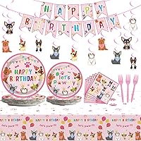 Dog Themed Party Decorations Set Including Dog tableware Set Serves 24 Guests Banners Cupcake Toppers Balloons Swirls Swirls card Aluminum foil balloon For Pink Dog Party Supplies And Baby Shower