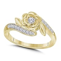 14K Yellow Gold Finish Round Cut White Cubic Zirconia Rose Flower Design Fashion Ring Women's Jewelry