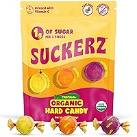 Suckerz Tropical Organic Hard Candy Pieces, Pina Colada Passion Fruit and Mango Flavors, 92% Less Sugar, No Sugar Alcohols, Infused with Vitamin C