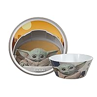 Zak Designs Star Wars The Mandalorian Dinnerware Set Includes Plate and Bowl, Made of Durable Melamine and Perfect for Kids (Baby Yoda, Grogu, 2-Piece Set, BPA-Free)