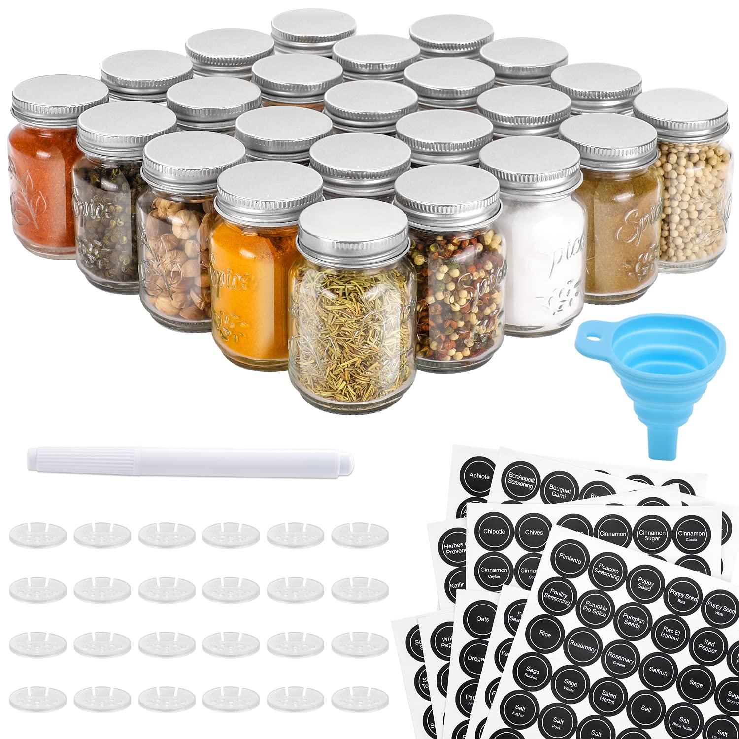 AOZITA 24 Pcs Glass Mason Spice Jars/Bottles - 4oz Empty Spice Containers with Spice Labels - Shaker Lids and Airtight Metal Caps - Silicone Collap...