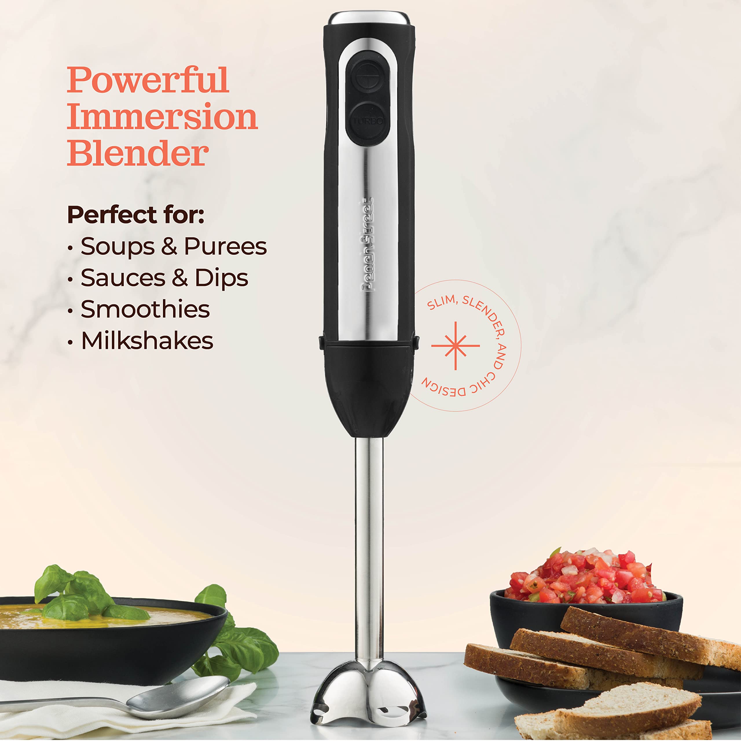 Powerful Immersion Blender, Electric Hand Blender 500 Watt with Turbo Mode, Detachable Base. Handheld Kitchen Gadget Blender Stick for Soup, Smoothie, Puree, Baby Food, 304 Stainless Steel Blades (Black)