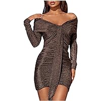 2021 Women Sexy Off Shoulder Cocktail Dress Long Sleeve Sequins Bodycon Mini Dress Ruched Fitted Mini Party Dress Coffee