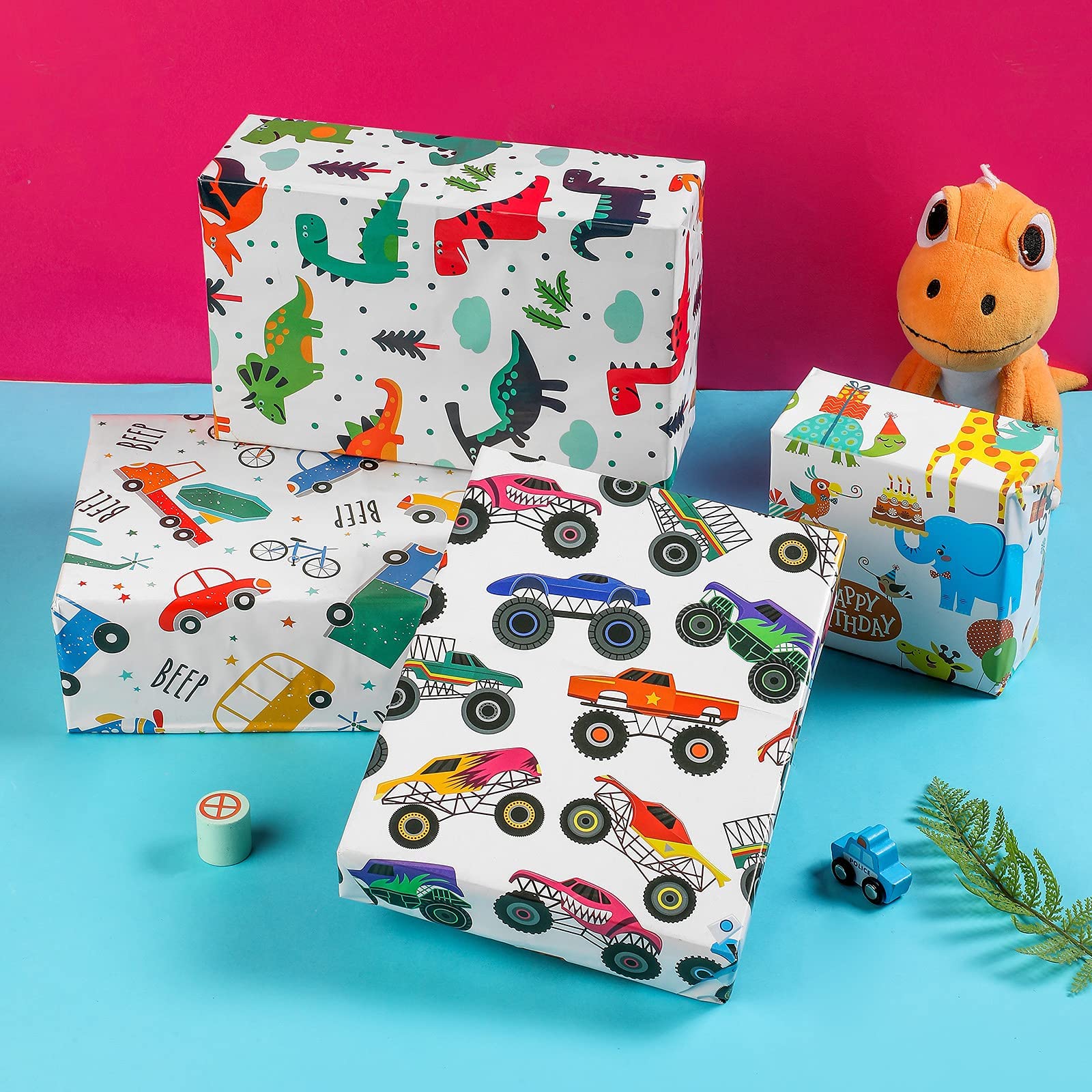 BULKYTREE Birthday Wrapping Paper for Boys Kids, 12 Sheets Dinosaur, Monster Truck, Happy Animals Design Gift Wrap for Kids Birthday, Baby Shower and Holiday - 20 x 29 Inch Per Sheet