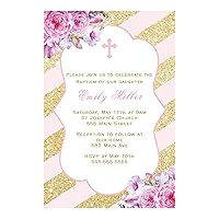 30 Invitations Personalized Girl Baptism Christening Pink Gold Stripes Photo Paper