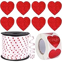 KatchOn, Red Valentines Day Ribbon -100 Yards | Big Red Heart Stickers for Kids - 500 Pieces | Red Heart Curling Ribbon, Valentines Ribbons | Red Glitter Heart Stickers for Valentines Day Decorations
