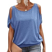 Womens Cold Shoulder Summer Tops Short Sleeve Tie Back Blouses Casual Crewneck Shirts 2024