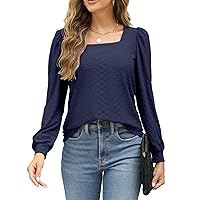 Womens Square Neck Tops Eyelet Long Sleeve Loose Casual Shirt Blouse