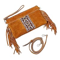 NOVICA Handmade Wool Accented Suede Shoulder Bag Fringed Handbag Golden Brown Patterned Peru 'Golden Brown Fringe'