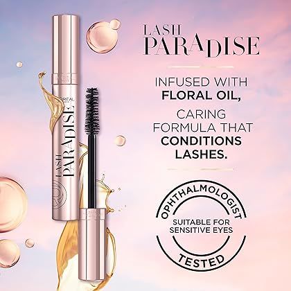 L'Oreal Paris Voluminous Makeup Lash Paradise Mascara, Voluptuous Volume, Intense Length, Feathery Soft Full Lashes, No Flaking, No Smudging, No Clumping, Blackest Black, 1 Count, Packaging May Vary